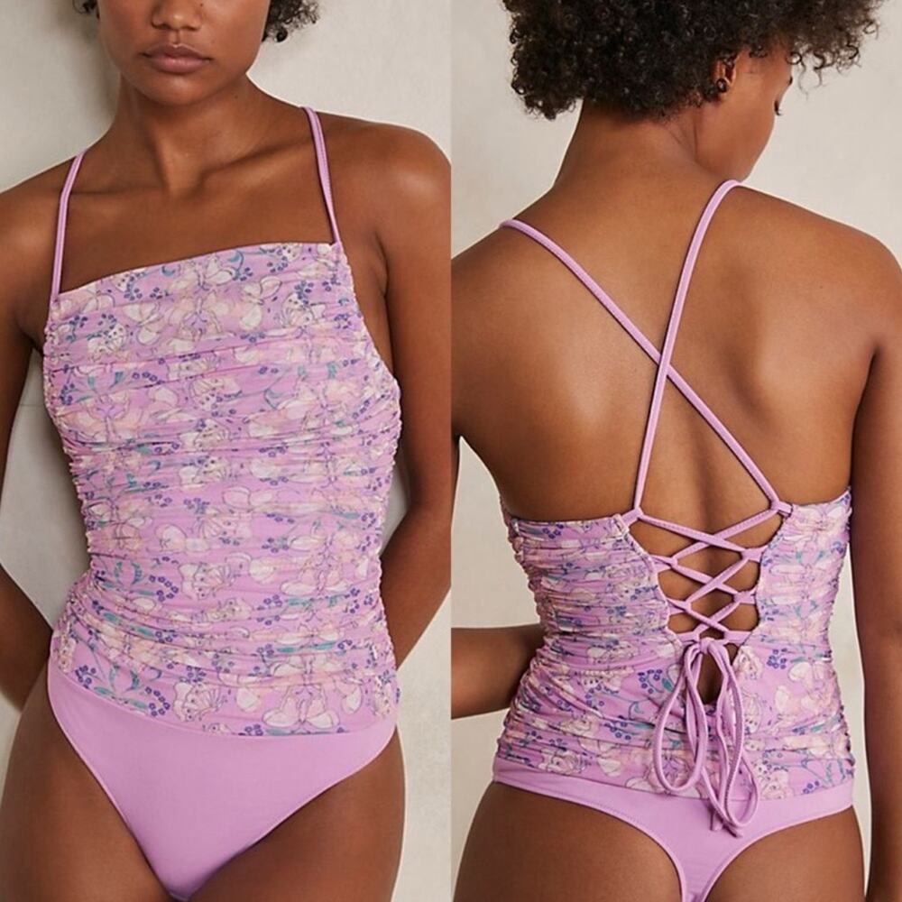 Free People Romantic Milkshake Mesh Butterfly Ruched Fairy Lace Up Boho Bodysuit